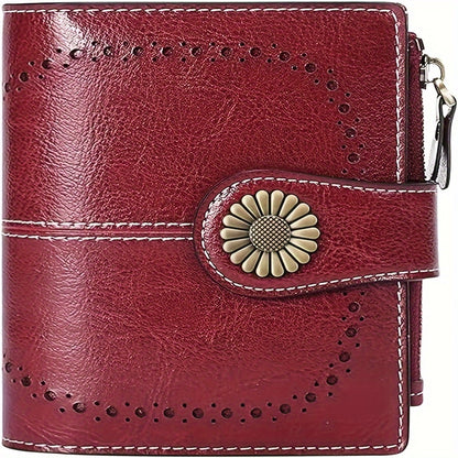 16-Slot Genuine Leather Small Bifold Wallet with RFID Blocking, Zipper Coin Purse, 2 ID Windows, and Buckle Closure - Premium Leather Lining, Casual Style, and Perfect for Everyday Use