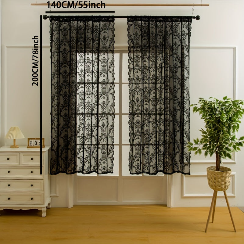 1pc Exquisite Black Lace Curtain - Luxurious Rod Pocket Window Treatment for Bedroom, Office, Kitchen, Living Room, and Study - Elevate Your Home's Ambiance with Style, Comfort, and Privacy