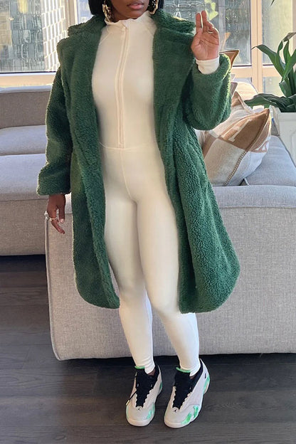 xiangtuibao Solid Color Turndown Collar Fluffy Pocket Coat