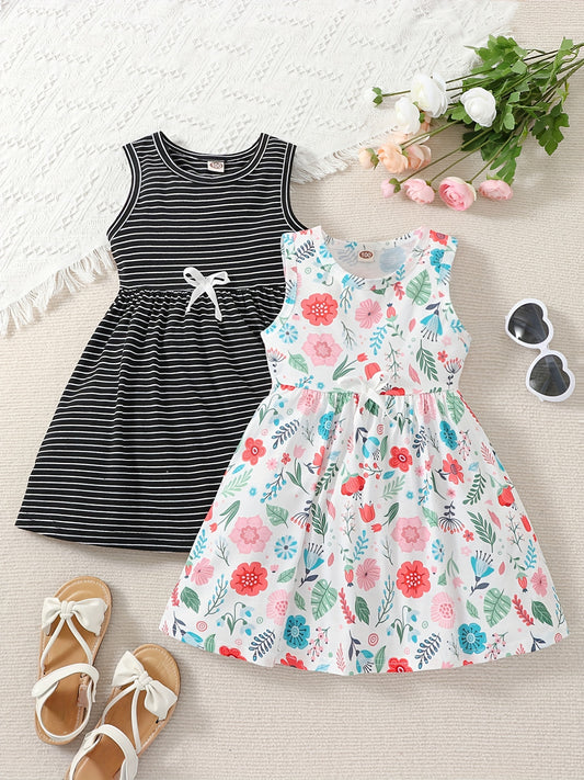 2-Piece Toddler Girls' Princess Dress Set - Sleeveless, Striped & Floral with Bow Detail - Perfect for Party, Beach & Summer