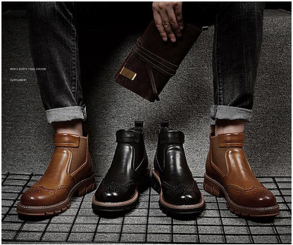 Men Genuine Leather Chelsea Boots Autumn Winter Brogues Shoes Male Platform Ankle Boots Breathable Fashion Motorcycle Boots
