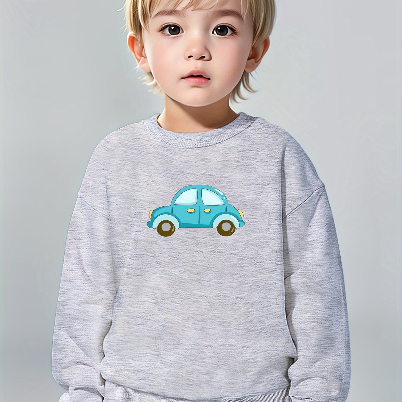 Boys Pure Cotton Cute Car Print Round Neck Comfortable Casual Long Sleeve Sweatshirt For Spring And Autumn And Winter Cozy & Versatile Sweatshirt Top For Indoors & Outdoors