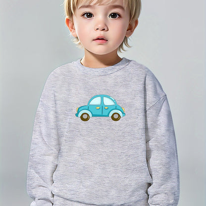 Boys Pure Cotton Cute Car Print Round Neck Comfortable Casual Long Sleeve Sweatshirt For Spring And Autumn And Winter Cozy & Versatile Sweatshirt Top For Indoors & Outdoors