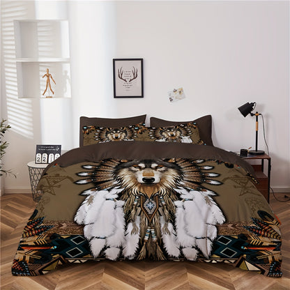 2/3pcs Dreamcatcher Bedding Set - Soft, Comfortable, Ethnic-Inspired Duvet Cover Set with Wolf Pattern for Country-Style Bedroom Decoration - 1 Duvet Cover + 1/2 Pillowcase, Coreless, Easy Care, Hypoallergenic, and Breathable