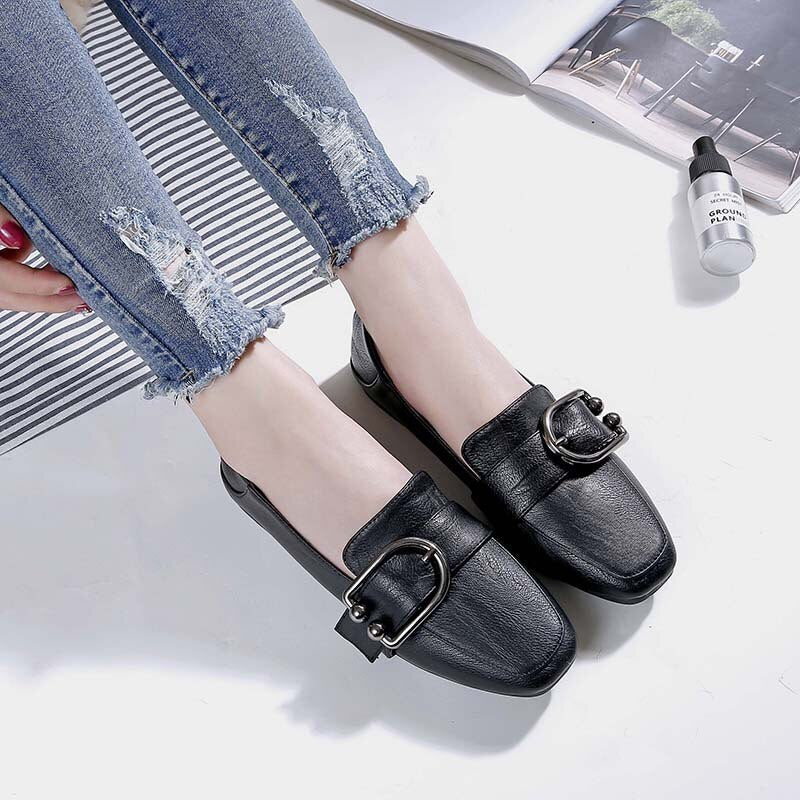 Square Head Deep Mouth Small Leather Shoes Women  Autumn New Metal Flat Shoes Women Flat Shoes