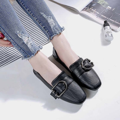 Square Head Deep Mouth Small Leather Shoes Women  Autumn New Metal Flat Shoes Women Flat Shoes