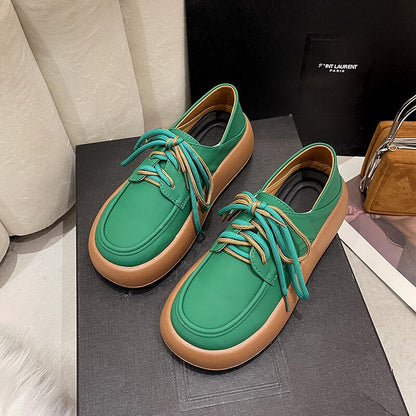 Green Yellow Oxford Shoes Women Flats  Summer Design Casual Platform Loafers Derby Shoes Women Lace Up Leather Oxfords