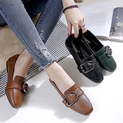 Square Head Deep Mouth Small Leather Shoes Women  Autumn New Metal Flat Shoes Women Flat Shoes
