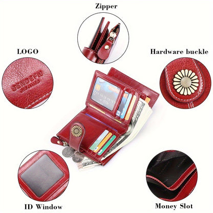 16-Slot Genuine Leather Small Bifold Wallet with RFID Blocking, Zipper Coin Purse, 2 ID Windows, and Buckle Closure - Premium Leather Lining, Casual Style, and Perfect for Everyday Use
