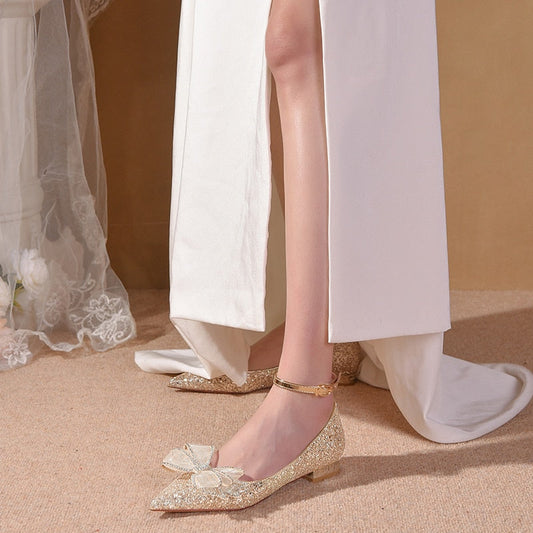 xiangtuibao Strap Wedding Shoes Women's Flat Bottomed Main Dress Wearing Pregnant Women's Low Heel Bride's Shoes Not Tired Feet High Sense