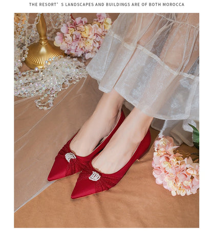 xiangtuibao Minority French Wedding Shoes Flat Bottomed  New Bride Shoes White Satin Wedding Dress Shoes Women's Flat Heel Shoe