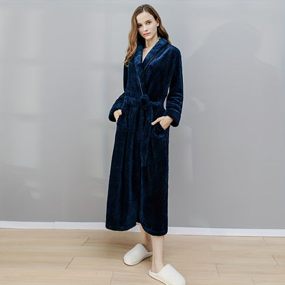 1pc Soft Coral Velvet Thickened Flannel Long Sleeve Bathrobe - Plush Long Robe for Home, Bathroom, Loungewear - Soft, Cozy, Warm, and Comfortable