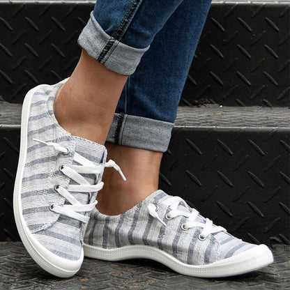 xiangtuibao Women Canvas Shoes Stripe Women Vulcanize Shoes Fashion Casual Shoe Womens Lace Up Flats Women Loafers Size 43 Zapatos Muje