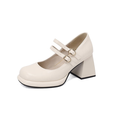 xiangtuibao Double Breasted Buttoned Cutout Breathable Thick Heel Women's Pumps Tapered Thick Heel Classic French Style Mary Jean Shoes
