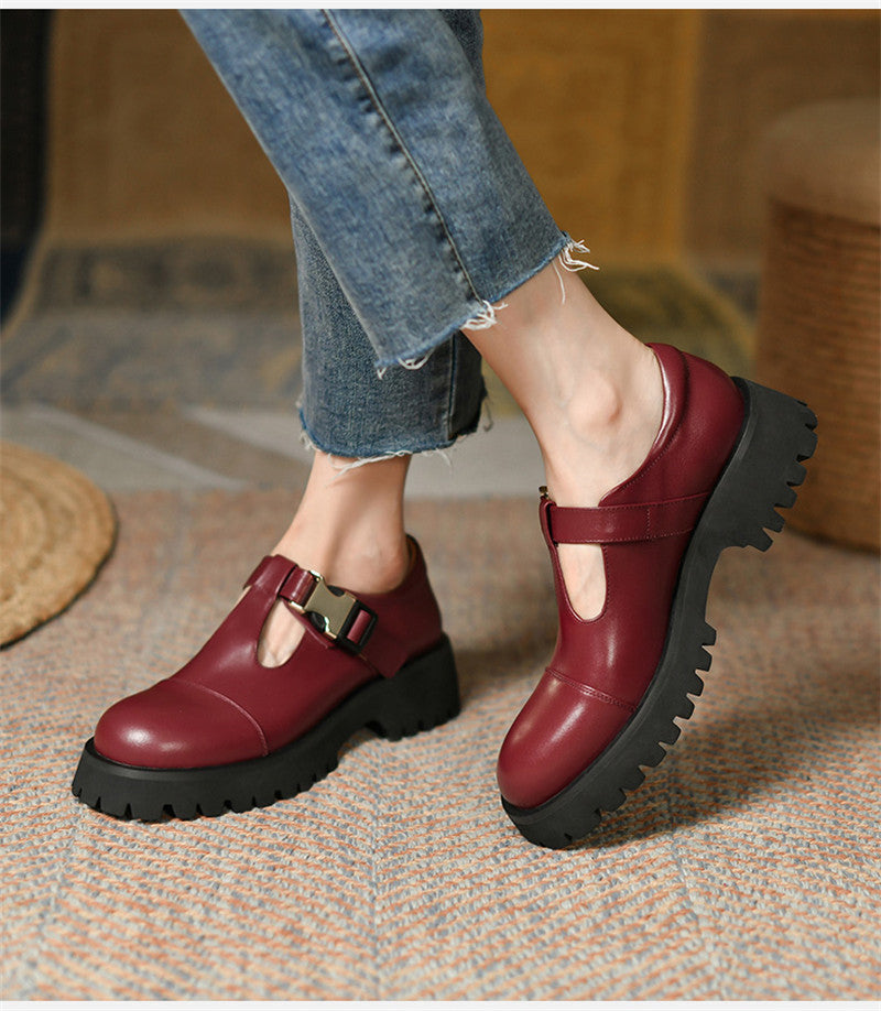 Spring Genuine Leather Flat Platform Women Shoes Fashion Slip-On Platform Shoes Casual Round Toe Heel Handmade Shoes Woman