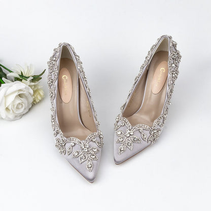 xiangtuibao Wedding Shoes Luxury Design Higher Quality Satin Full Stone Rhinestone Pointed Toe Bride Pumps Fat Square Clear Higher Heels