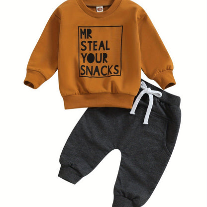 2pcs Adorable "MR STEAL YOUR SNACKS" Baby Boy's Active Set - Soft Sports Cotton Crew Neck Sweatshirts Top and Elastic Waist Fall Pants Outfit - Comfortable, Breathable, and Stylish for Everyday Wear