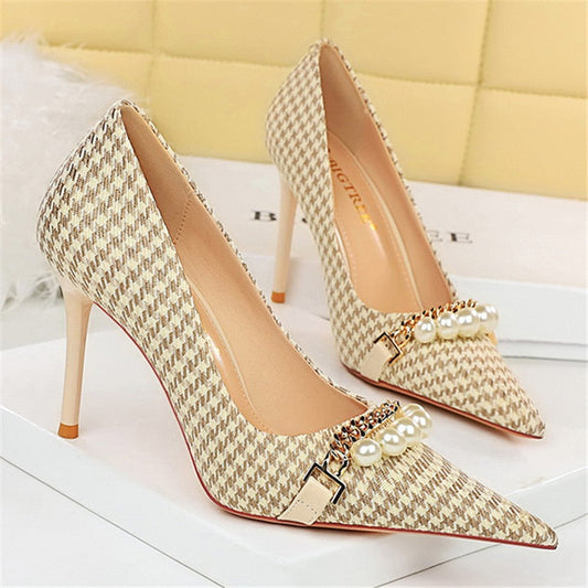 xiangtuibao Women 7.5cm 9.5cm High Heels Plaid Pumps Pointed Toe Wedding Bridal Middle Low Heels Lady Pearl Scarpins Event Stripper Shoes