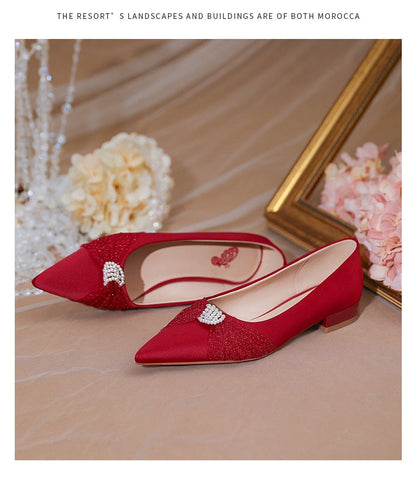 xiangtuibao Minority French Wedding Shoes Flat Bottomed  New Bride Shoes White Satin Wedding Dress Shoes Women's Flat Heel Shoe