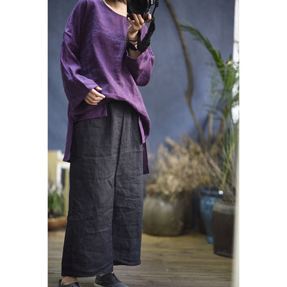 2025    Su Nian Weiyang, Autumn Zen/Cotton and Linen Retro Spring and Autumn Pullover Split Sleeve Hemp Shirt Women's Clothing