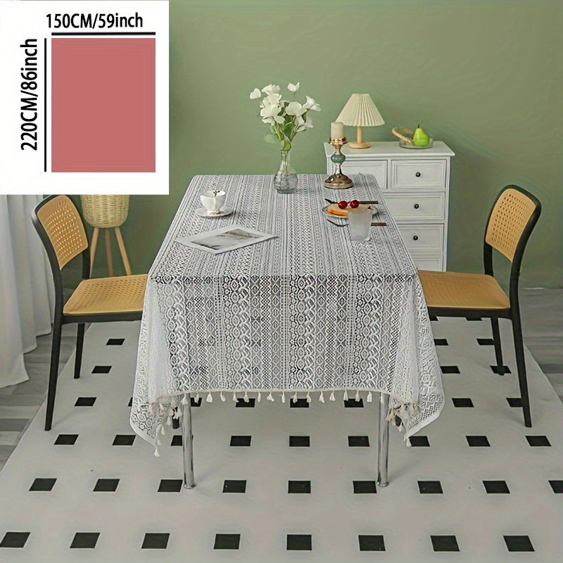 1pc Exquisite Bohemian Crochet Lace Tablecloth - Striking Geometric Stripe Design with Tassel Trim - Timeless Farmhouse Style for Kitchen, Dining, Buffet, Holidays, Parties, Weddings & Home Decor