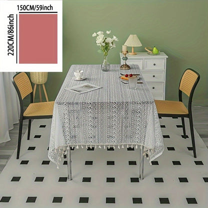 1pc Exquisite Bohemian Crochet Lace Tablecloth - Striking Geometric Stripe Design with Tassel Trim - Timeless Farmhouse Style for Kitchen, Dining, Buffet, Holidays, Parties, Weddings & Home Decor