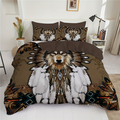 2/3pcs Dreamcatcher Bedding Set - Soft, Comfortable, Ethnic-Inspired Duvet Cover Set with Wolf Pattern for Country-Style Bedroom Decoration - 1 Duvet Cover + 1/2 Pillowcase, Coreless, Easy Care, Hypoallergenic, and Breathable