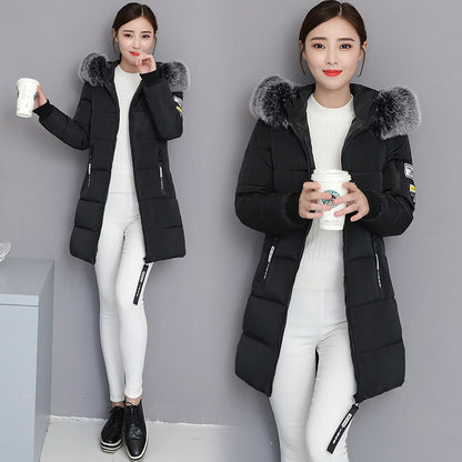 2025 cotton-padded clothes women's medium and long slim and thin cotton-padded clothes jacket large size large fur collar thickened large size cotton-padded jacket tide wholesale