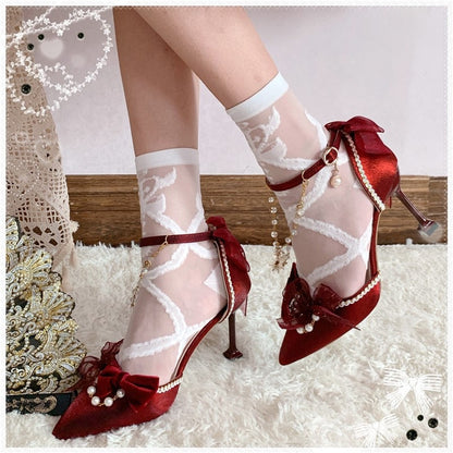 xiangtuibao Princess Female Kawaii Tea Party Japanese Cute Anime Lolita Shoes Women Harujuku Cosplay Bow Pointed Toe Feminine High Heel 8cm