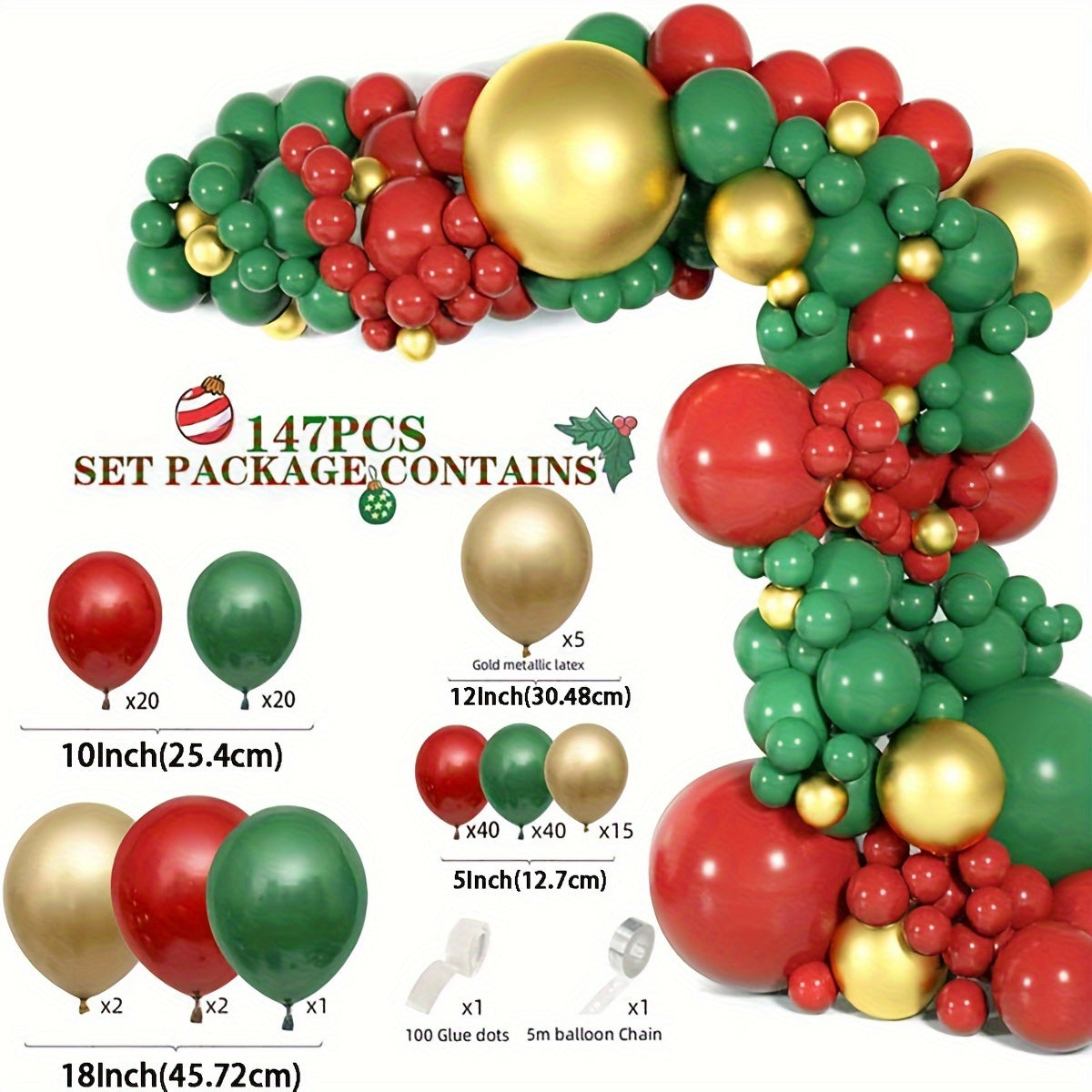 147Pcs Festive Christmas Balloon Garland Arch Kit - Red, Green & Metallic Golden Latex Emulsion Material, Perfect for Holiday Party Decor, Ages 14+