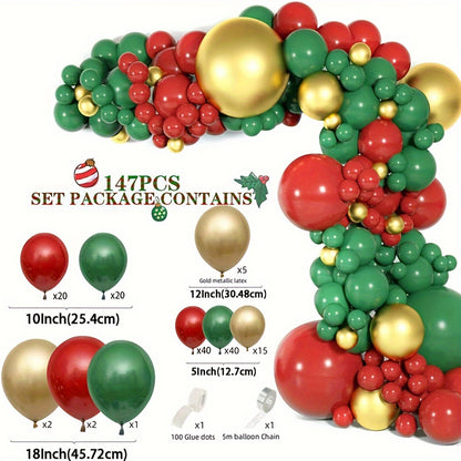 147Pcs Festive Christmas Balloon Garland Arch Kit - Red, Green & Metallic Golden Latex Emulsion Material, Perfect for Holiday Party Decor, Ages 14+