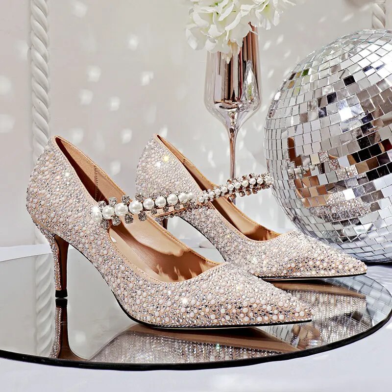 xiangtuibao Hot Rhinestone Pointed High Heels New Single Shoes Women's Pumps Bridesmaid Rhinestone Crystal Pearl Retro Wedding Shoes