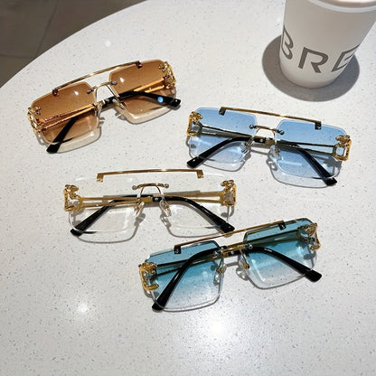 1pc Men's Trendy Square Rimless Sunglasses, Super Cool Gold Tiger Head Decoration Sunglasses Men's Driving Sunshade Anti-glare Glasses