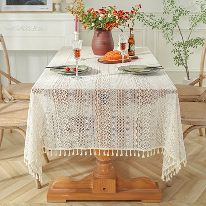 1pc Exquisite Bohemian Crochet Lace Tablecloth - Striking Geometric Stripe Design with Tassel Trim - Timeless Farmhouse Style for Kitchen, Dining, Buffet, Holidays, Parties, Weddings & Home Decor