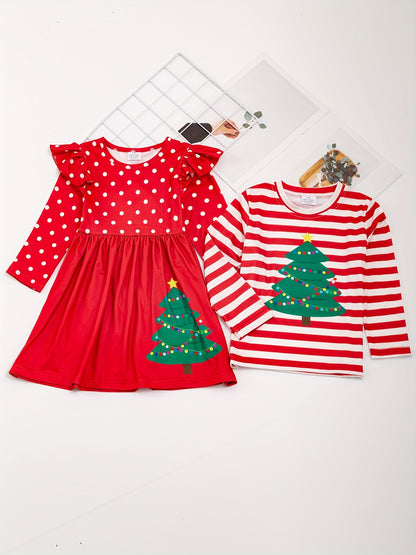 1pc (Not 2pcs, Please Purchase Boy's Or Girl's Clothing Separately)Sister And Brother Matching Christmas Tree Print Dress Or Shirt, Brother/Sister Clothes For Family Daily And Outdoor Activities