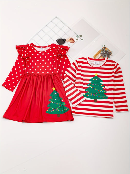 1pc (Not 2pcs, Please Purchase Boy's Or Girl's Clothing Separately)Sister And Brother Matching Christmas Tree Print Dress Or Shirt, Brother/Sister Clothes For Family Daily And Outdoor Activities