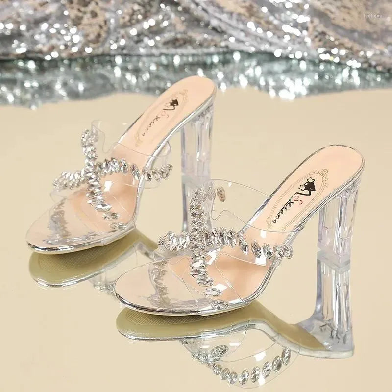 Sandals Fairy Gentle Wind-! Crystal High Heel With Summer Square Headed And Transparent Water Diamond Stripe