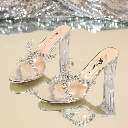 Sandals Fairy Gentle Wind-! Crystal High Heel With Summer Square Headed And Transparent Water Diamond Stripe