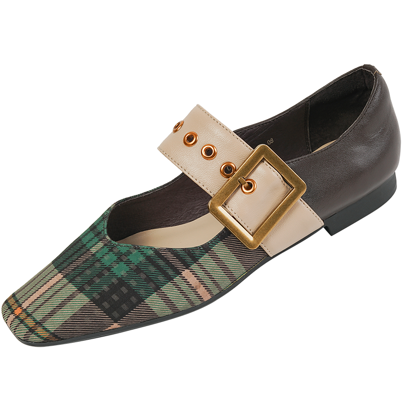 xiangtuibao Square Toe Women Flats With Buckle Women Mules Slip On Moccasins Ladies Gingham Flat Shoes Patchwork Loafers Chaussures Femme