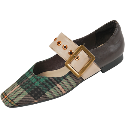 xiangtuibao Square Toe Women Flats With Buckle Women Mules Slip On Moccasins Ladies Gingham Flat Shoes Patchwork Loafers Chaussures Femme