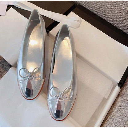 Women Fashion Flats Shoes Genuine Leather Pointed Toe Mixed Color Females Single Shoes Shallow Metal Chain Classic luxury brand