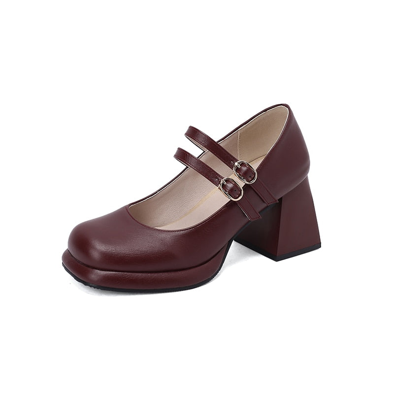 xiangtuibao Double Breasted Buttoned Cutout Breathable Thick Heel Women's Pumps Tapered Thick Heel Classic French Style Mary Jean Shoes