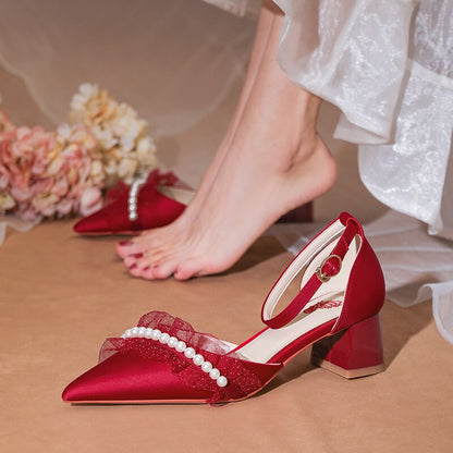 xiangtuibao Wedding Dress Wedding Shoes Thick Heels Summer Women's  New French Minority Bridal Shoes White Tiring Middle Heel Sandals
