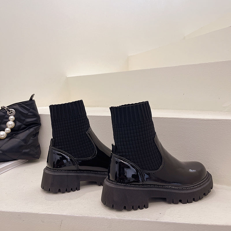 Fashion Knit Patchwork Platform Ankle Boots Women  Spring Non-slip Patent Leather Boots Woman Round Toe Square Heel Shoes