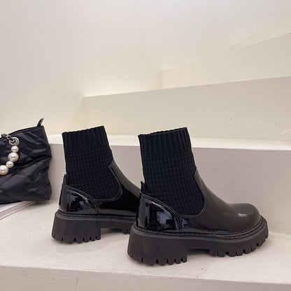 Fashion Knit Patchwork Platform Ankle Boots Women  Spring Non-slip Patent Leather Boots Woman Round Toe Square Heel Shoes