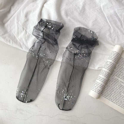 xiangtuibao Shine Tulle Socks Women Transparent Long Socks Knee Summer Thin Socks Female Chffion Sock Female Dress Calcetines