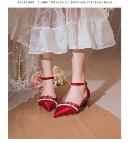 xiangtuibao Wedding Dress Wedding Shoes Thick Heels Summer Women's  New French Minority Bridal Shoes White Tiring Middle Heel Sandals