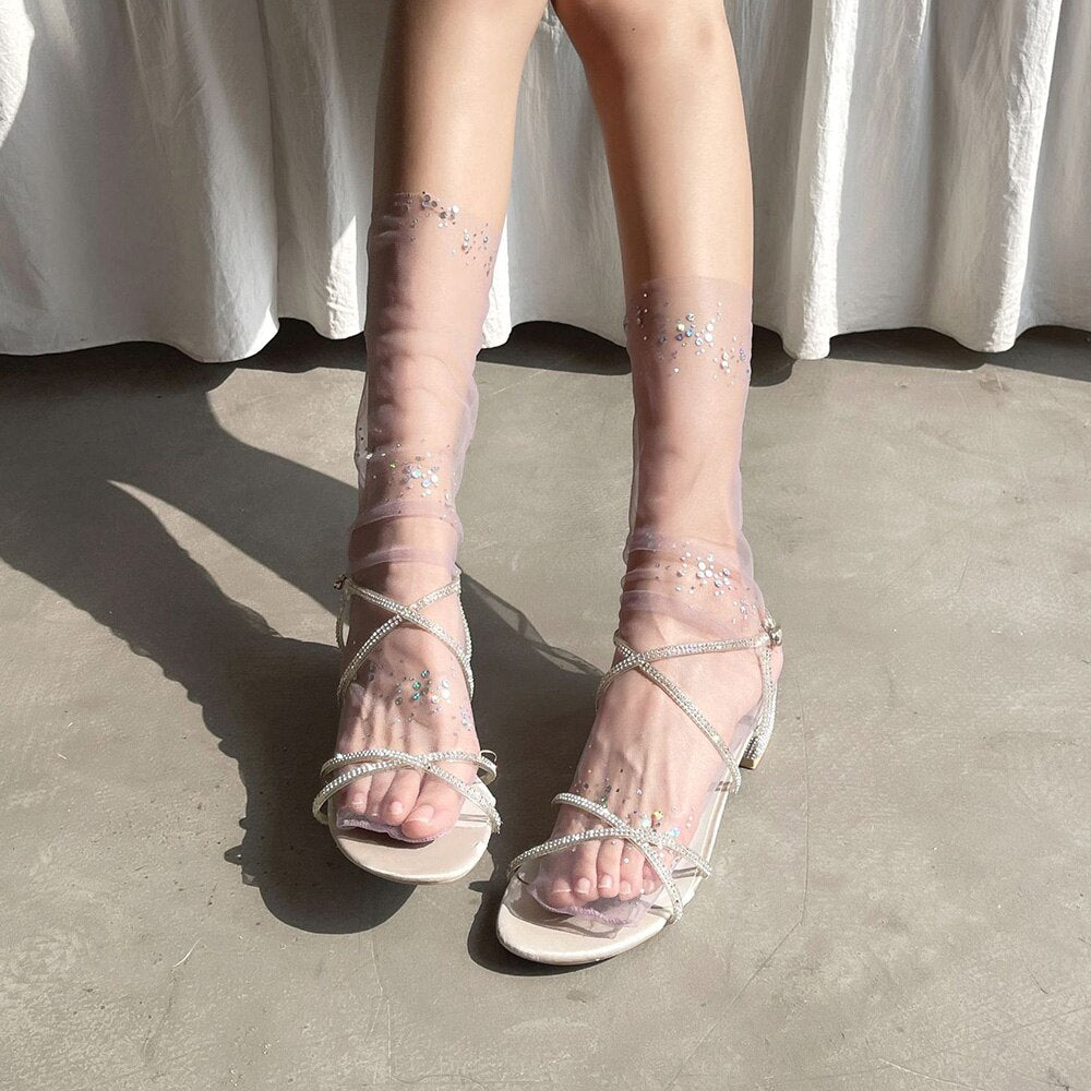 xiangtuibao Shine Tulle Socks Women Transparent Long Socks Knee Summer Thin Socks Female Chffion Sock Female Dress Calcetines