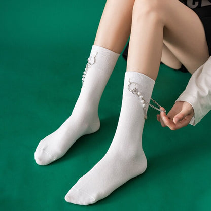 xiangtuibao Punk Pearl Chain Socks Women Long Cotton Socks Girls Streetwear Fashion Sock Ankle Female Dress Calcetines Meias