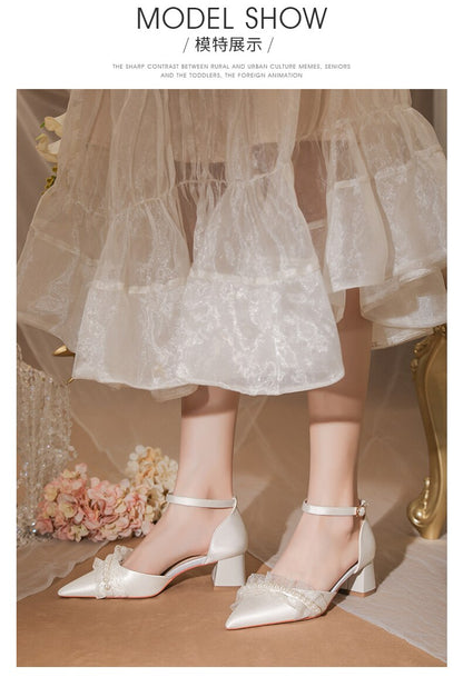 xiangtuibao Wedding Dress Wedding Shoes Thick Heels Summer Women's  New French Minority Bridal Shoes White Tiring Middle Heel Sandals